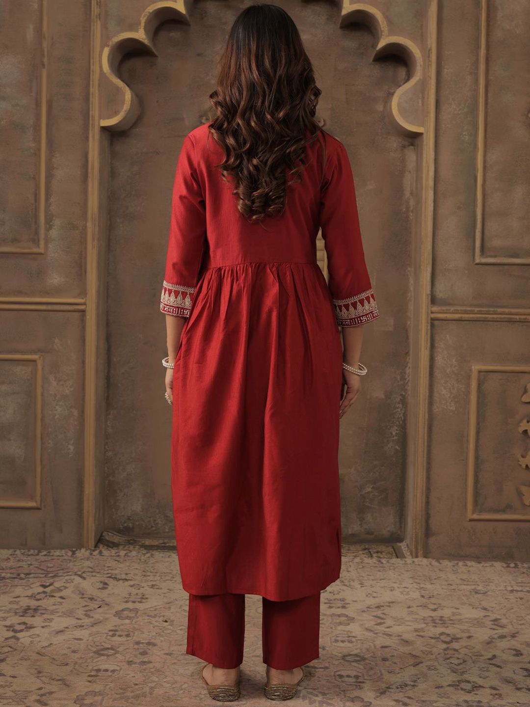 V-Neck Pleated A-Line Kurta With Trousers
