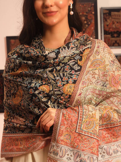 Dhiyona PA Floral And Paisley Kalamkari Printed Thread Work Woollen & Silk Shawl