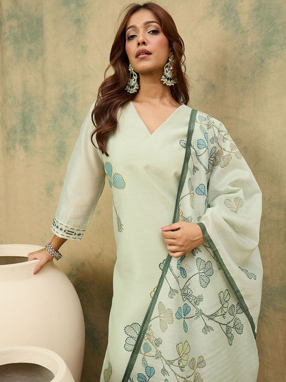 Dhiyona VA Women'sFloral Printed V-Neck Chanderi Silk Kurta With Trousers & Dupatta