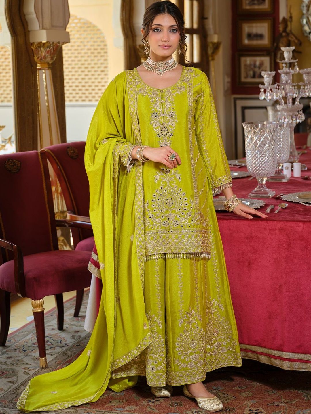 Women Ethnic Motifs Embroidered Regular Mirror Work Kurta with Palazzos & Dupatta