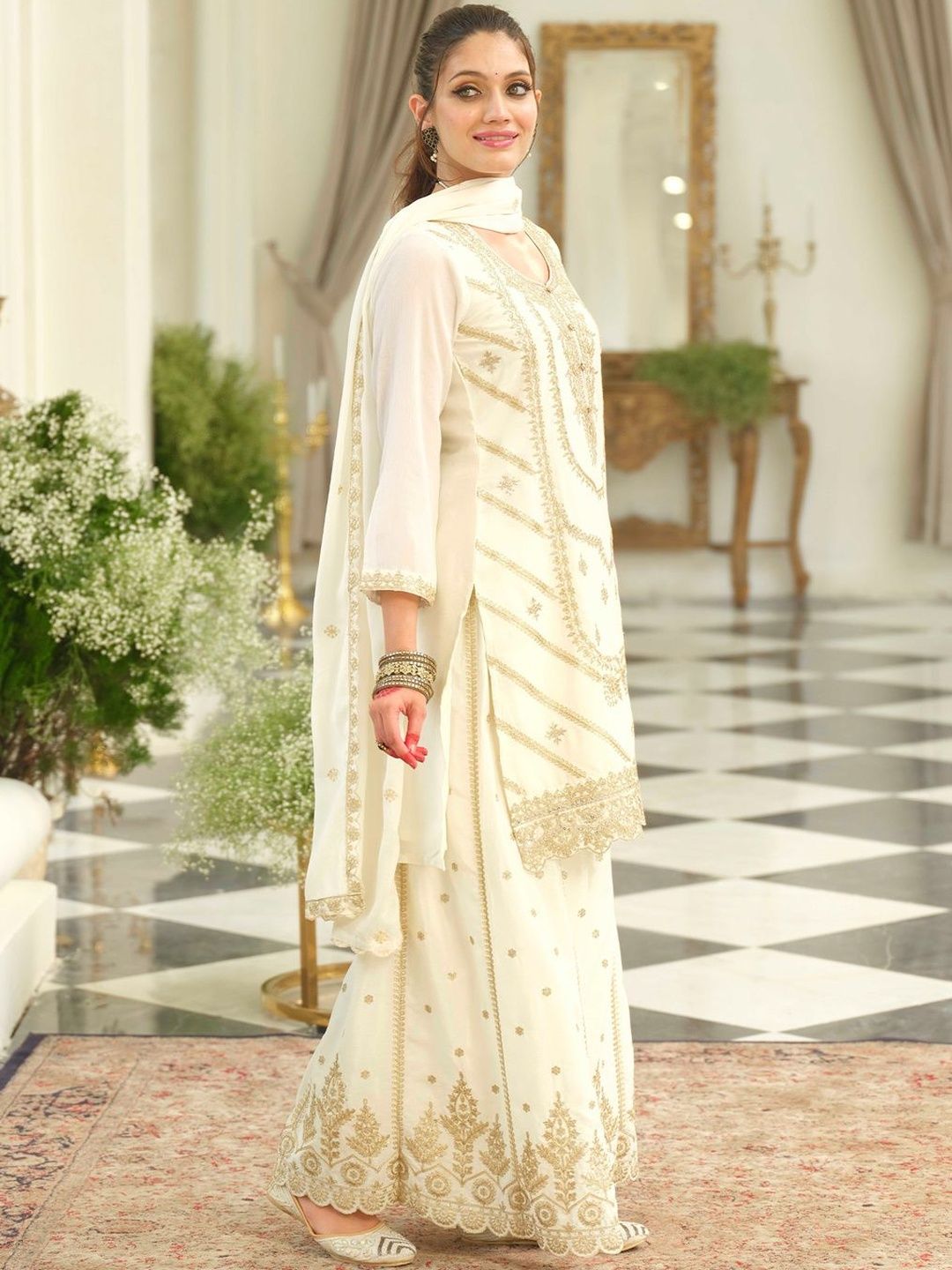 Floral Embroidered Thread Work Kurta With Palazzos & Dupatta