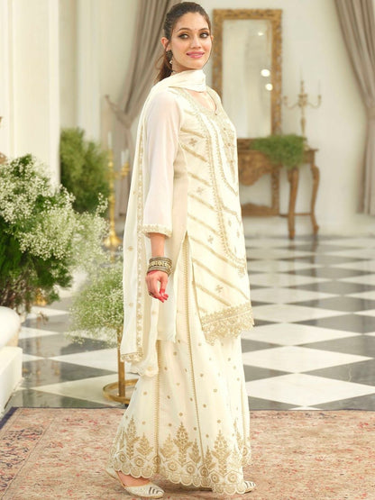 Floral Embroidered Thread Work Kurta With Palazzos & Dupatta