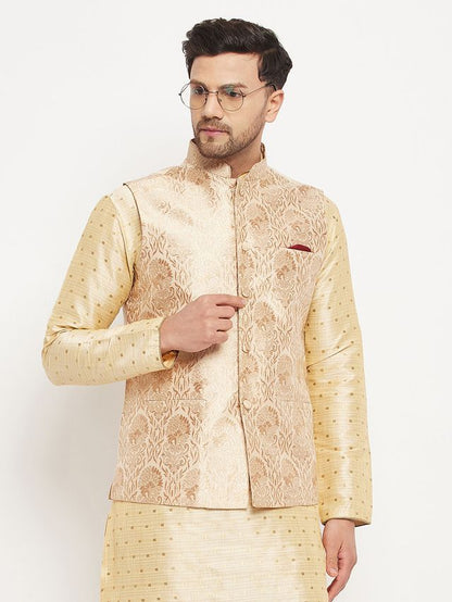 Men's Maroon Silk Blend Straight Jacket  Kurta and Pyjama Set