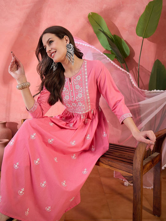 Dhiyona SN Women's Peach Embroidered Notch Neck Pure Cotton Anarkali Kurta With Trouser & Dupatta
