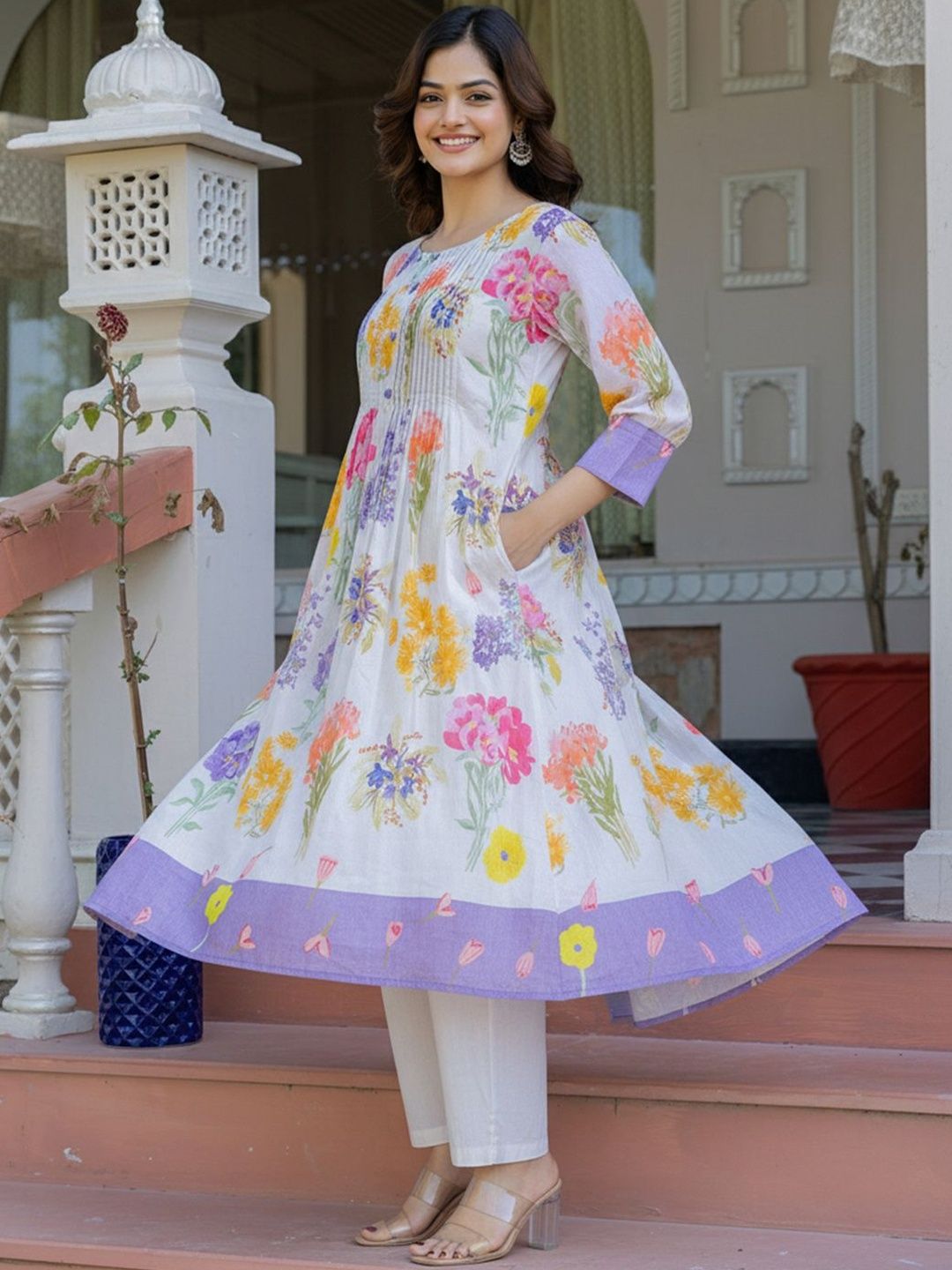 Floral Printed A-Line Pure Cotton Kurta With Trouser