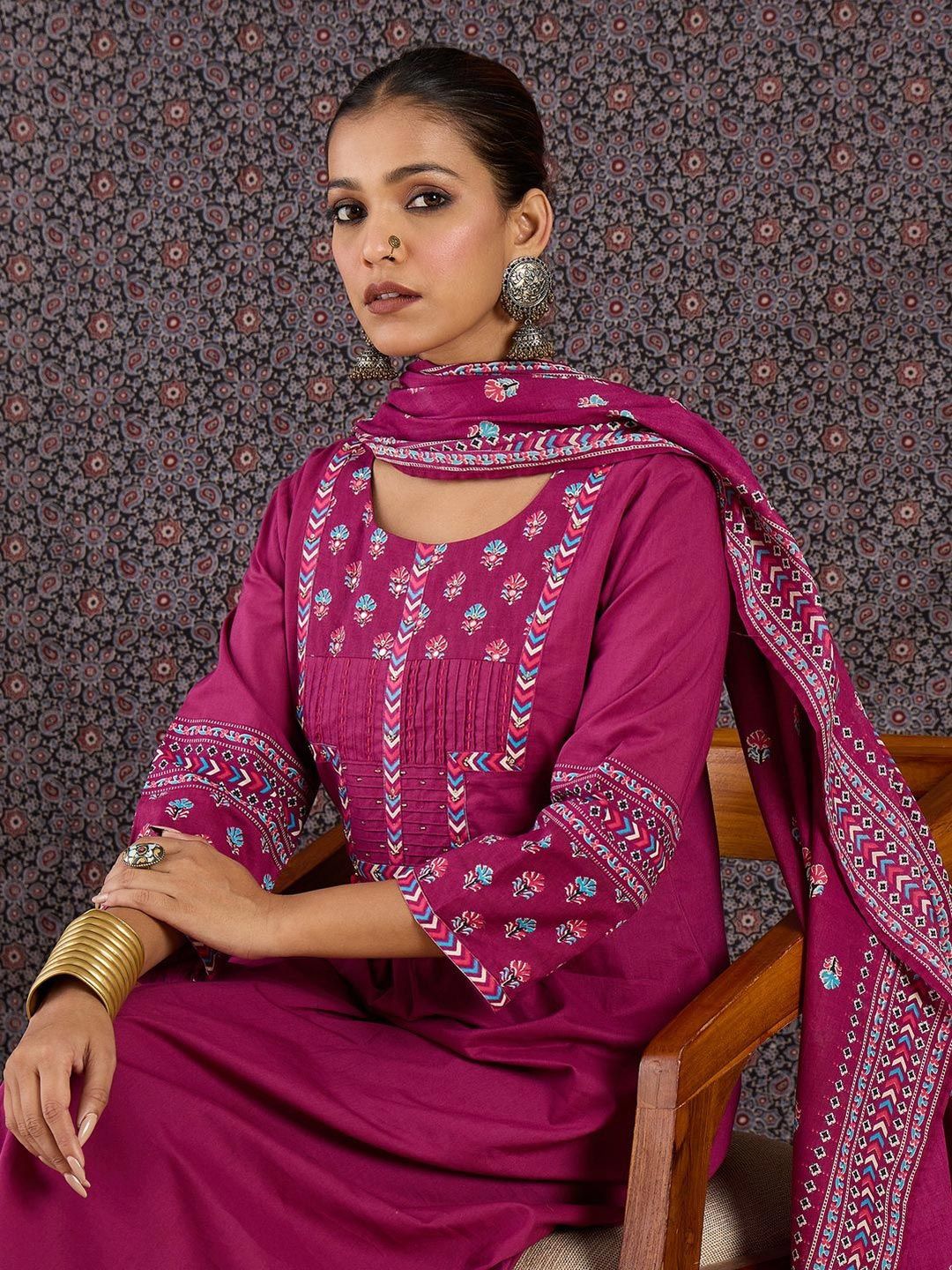 Floral Embroidered Round Neck Pure Cotton Straight Kurta With Trousers & Dupatta