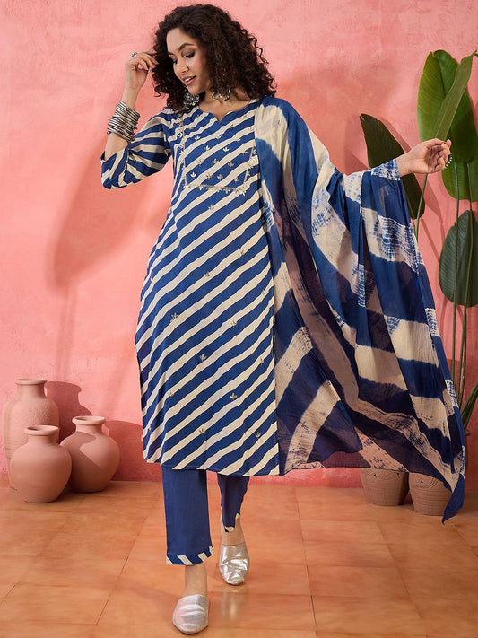 Dhiyona SN Women's Striped Notch Neck Sequinned Pure Cotton Straight Kurta With Trouser & Dupatta