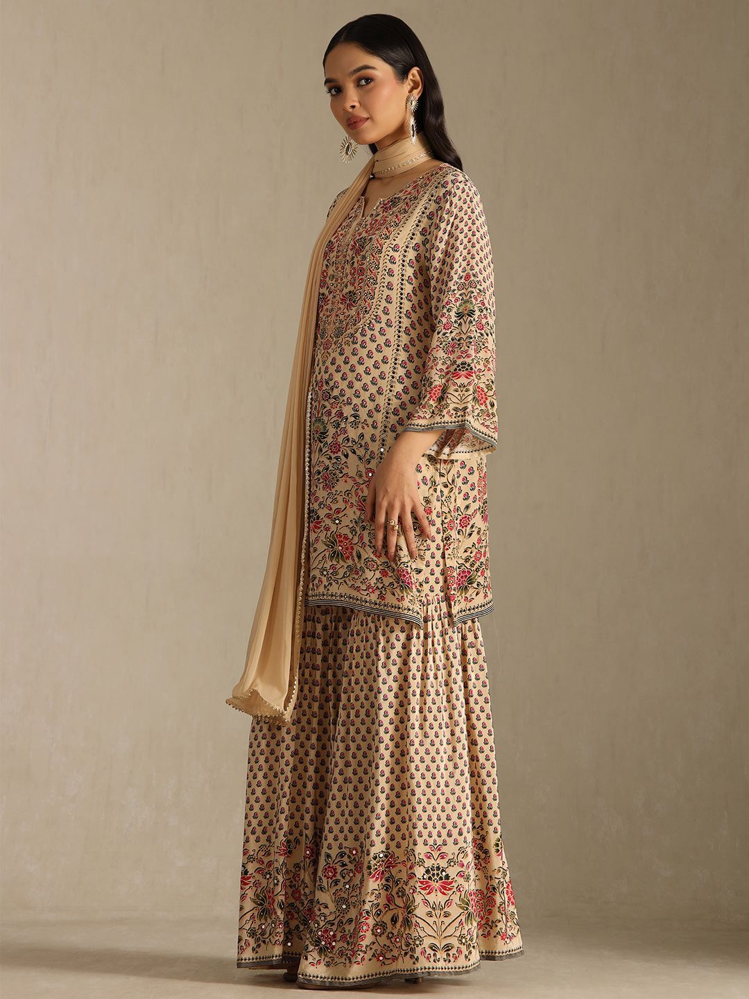 Dhiyona SO Women's Women Ethnic Motifs Printed Regular Mirror Work Kurta With Sharara & Dupatta