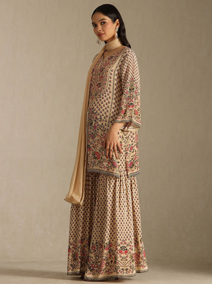 Dhiyona SO Women's Women Ethnic Motifs Printed Regular Mirror Work Kurta With Sharara & Dupatta