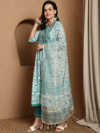 Dhiyona SN Women's Floral Printed Pure Cotton Anarkali Kurta & Trousers With Dupatta