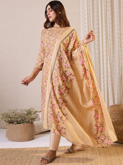 Floral Printed Straight Pure Cotton Kurta With Trousers & Dupatta