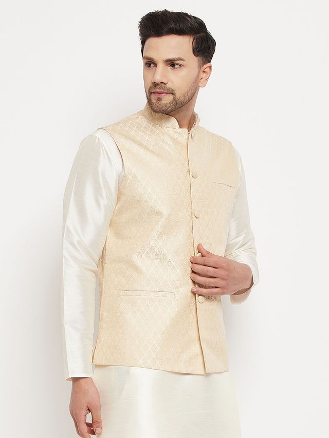 Men's Cream Silk Blend Straight Nehru Jacket