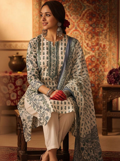 Ethnic Motifs Printed Pure Cotton Kurta With Trousers & Dupatta