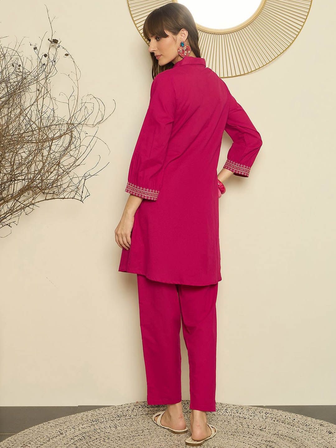 Dhiyona IE Women Embroidered Shirt Collar Cotton Top and Trousers Co-Ords