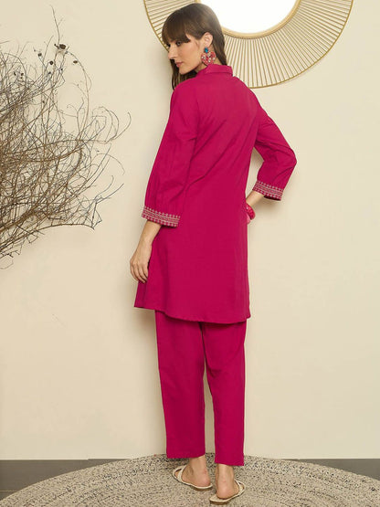 Dhiyona IE Women Embroidered Shirt Collar Cotton Top and Trousers Co-Ords