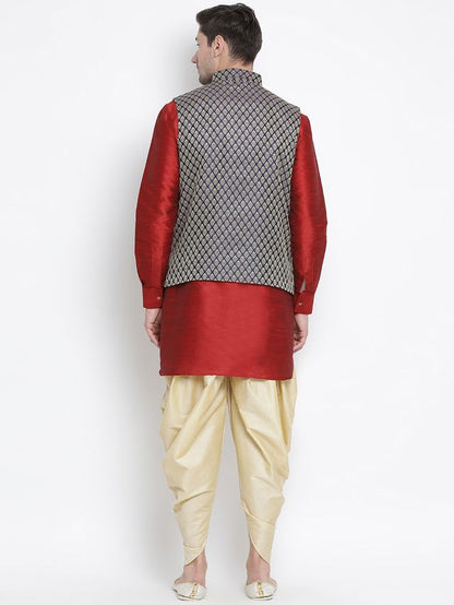 Men's Maroon Silk Blend Straight Jacket  Kurta and Dhoti Set