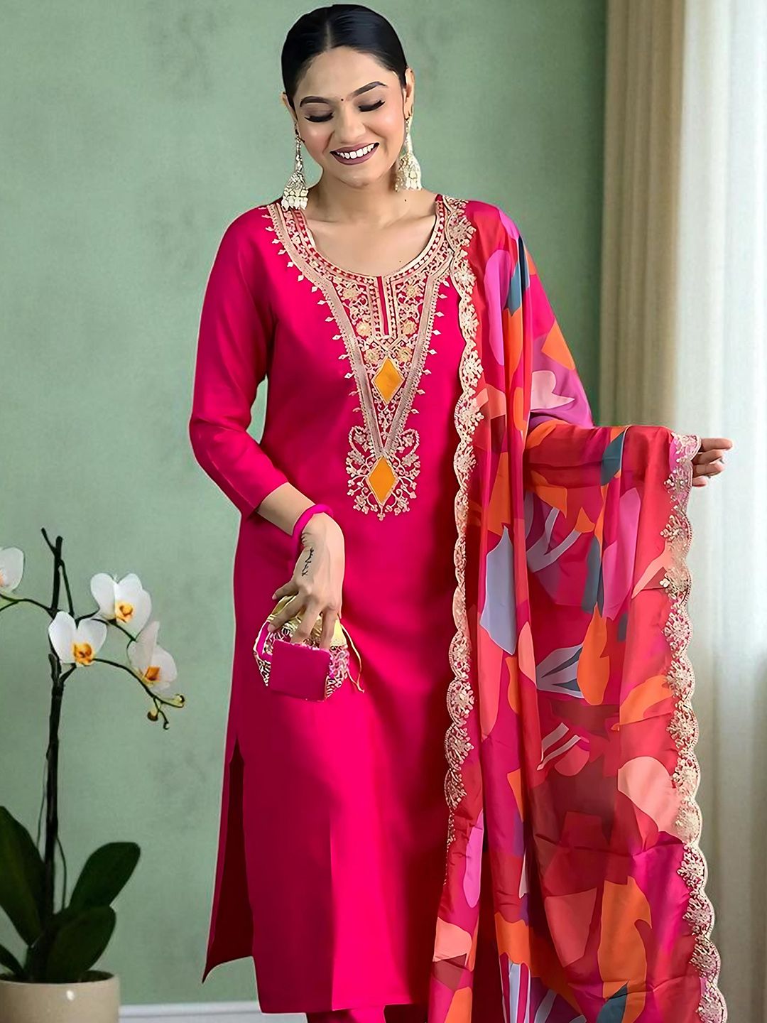 Dhiyona SN Women's Embroidered Calf Length Regular Straight Kurta Pyjama & Dupatta