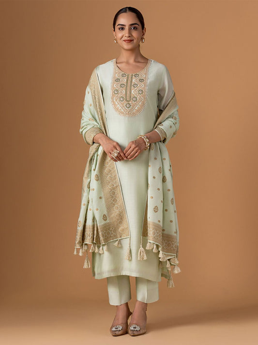 Dhiyona WP Women Solid Embroidered Kurta with Trousers & Dupatta