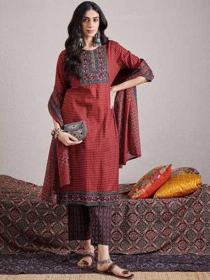 Women Ethnic Motifs Printed Regular Mirror Work Pure Cotton Kurta with Trousers & With Dupatta