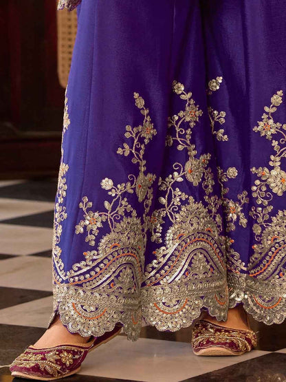 Floral Embroidered Sequinned Chinon A-Line Kurta With Palazzos & Dupatta