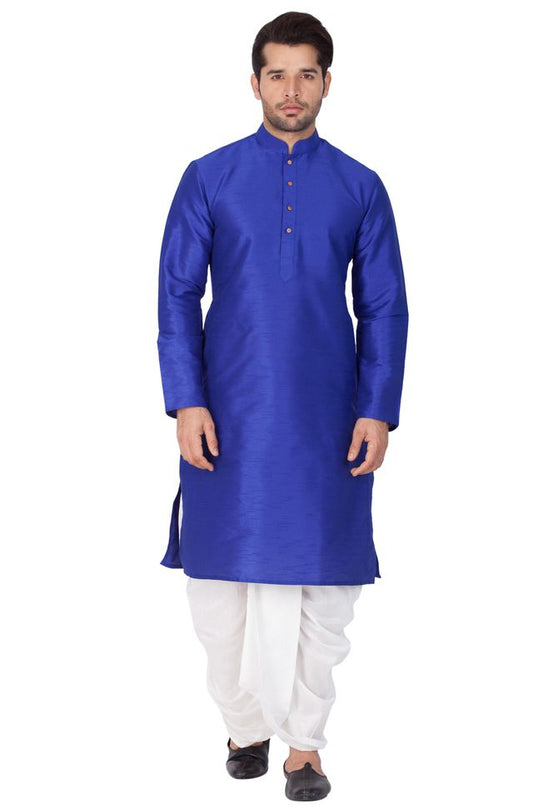 Men's Blue Silk Blend Straight Kurta and Dhoti Set
