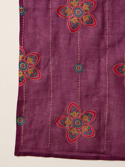 Women Floral Printed Regular Thread Work Pure Cotton Kurta with Trousers & With Dupatta