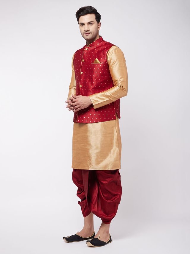 Men's Rose Gold Silk Blend Straight Jacket  Kurta and Dhoti Set