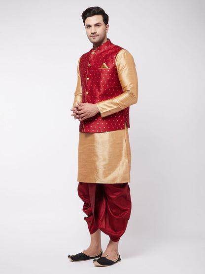 Men's Rose Gold Silk Blend Straight Jacket  Kurta and Dhoti Set