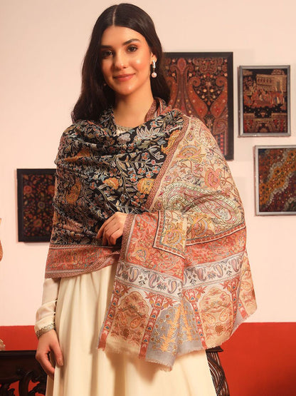 Dhiyona PA Floral And Paisley Kalamkari Printed Thread Work Woollen & Silk Shawl