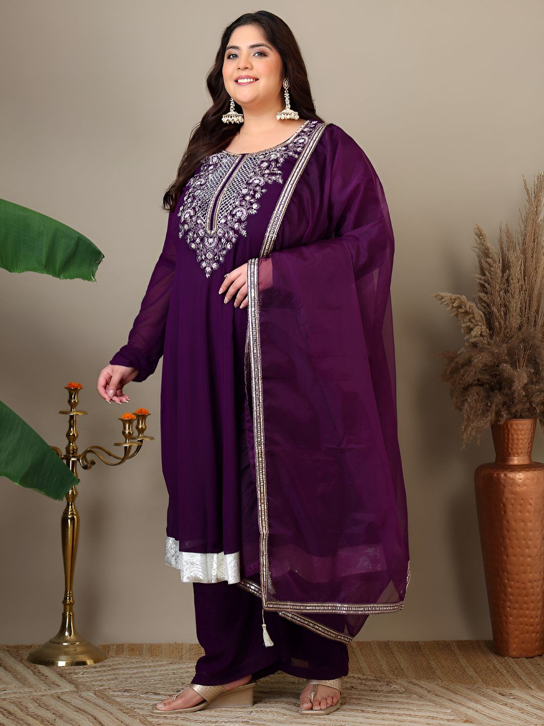 Dhiyona IN Women Plus Size Yoke Design Regular Thread Work Kurta with Palazzos & Dupatta