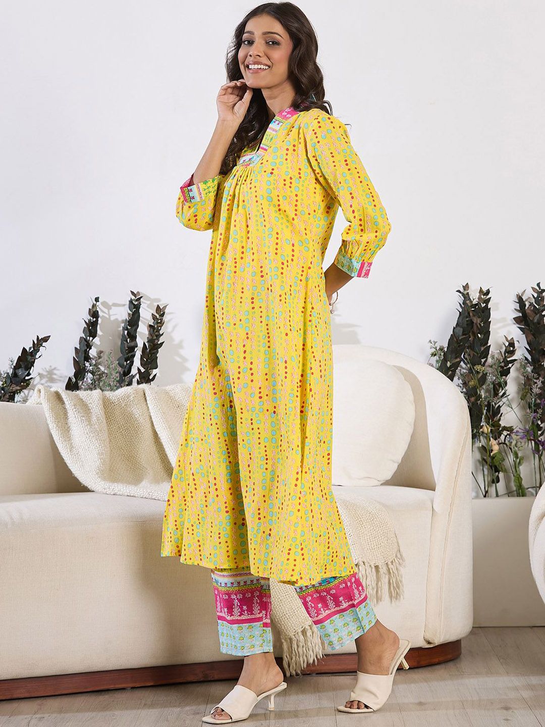 V-Neck Printed Pure Cotton A-Line Kurta with Trousers