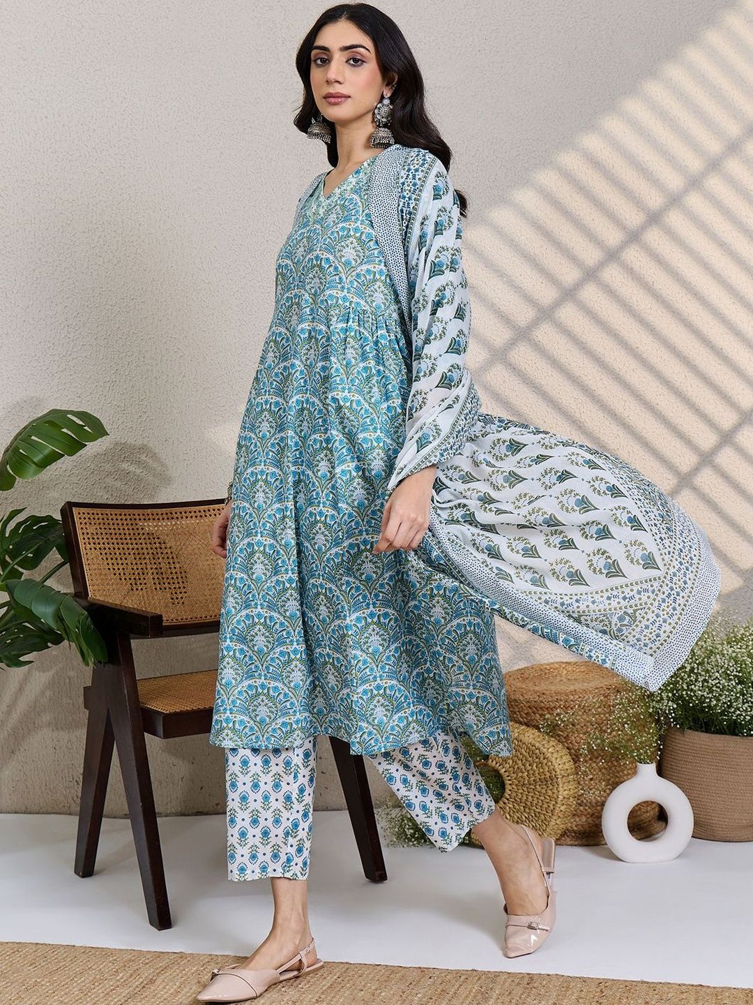 Women Ethnic Motifs Printed Regular Thread Work Pure Cotton Kurta with Trousers & With Dupatta