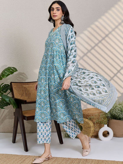 Women Ethnic Motifs Printed Regular Thread Work Pure Cotton Kurta with Trousers & With Dupatta