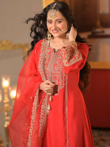 Women's Red Embroidered A-Line Kurta Trousers With Dupatta set