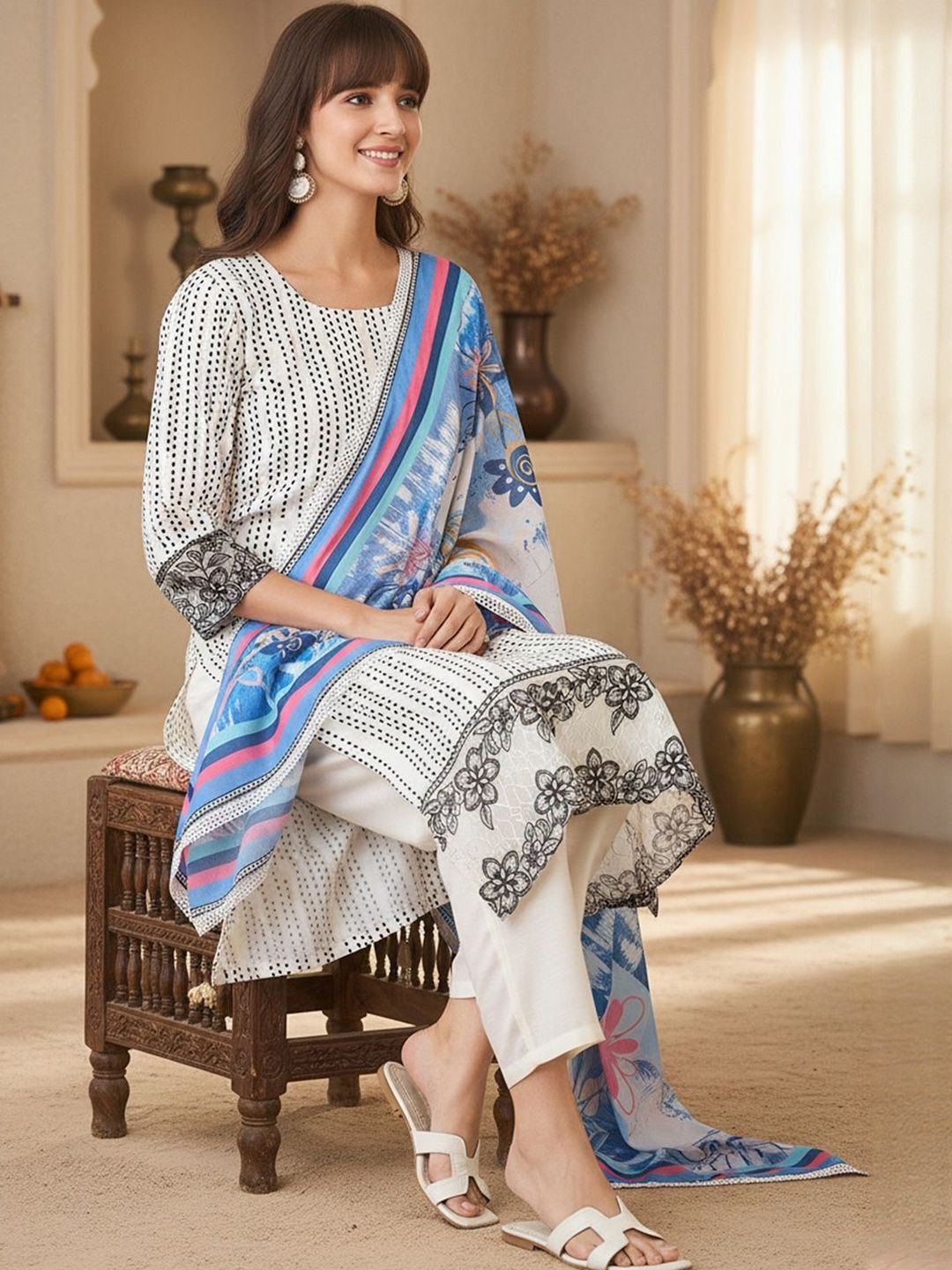 Ethnic Motifs Printed Round Neck Straight Kurta With Trousers & Dupatta