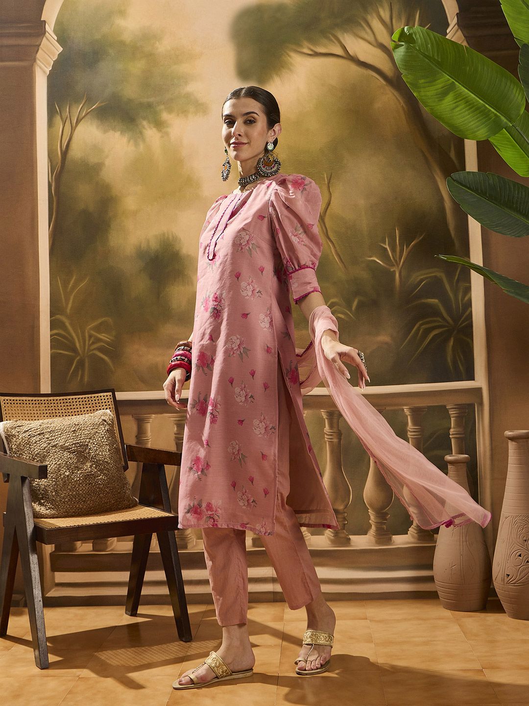 Dhiyona SN Women's Floral Printed Puffed Sleeves Chanderi Silk Straight Kurta With Trousers & Dupatta