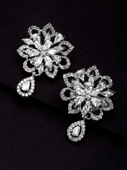 Dhiyona RJ Women's Rhodium-Plated Floral Cubic Zirconia Studded Dangle Earrings