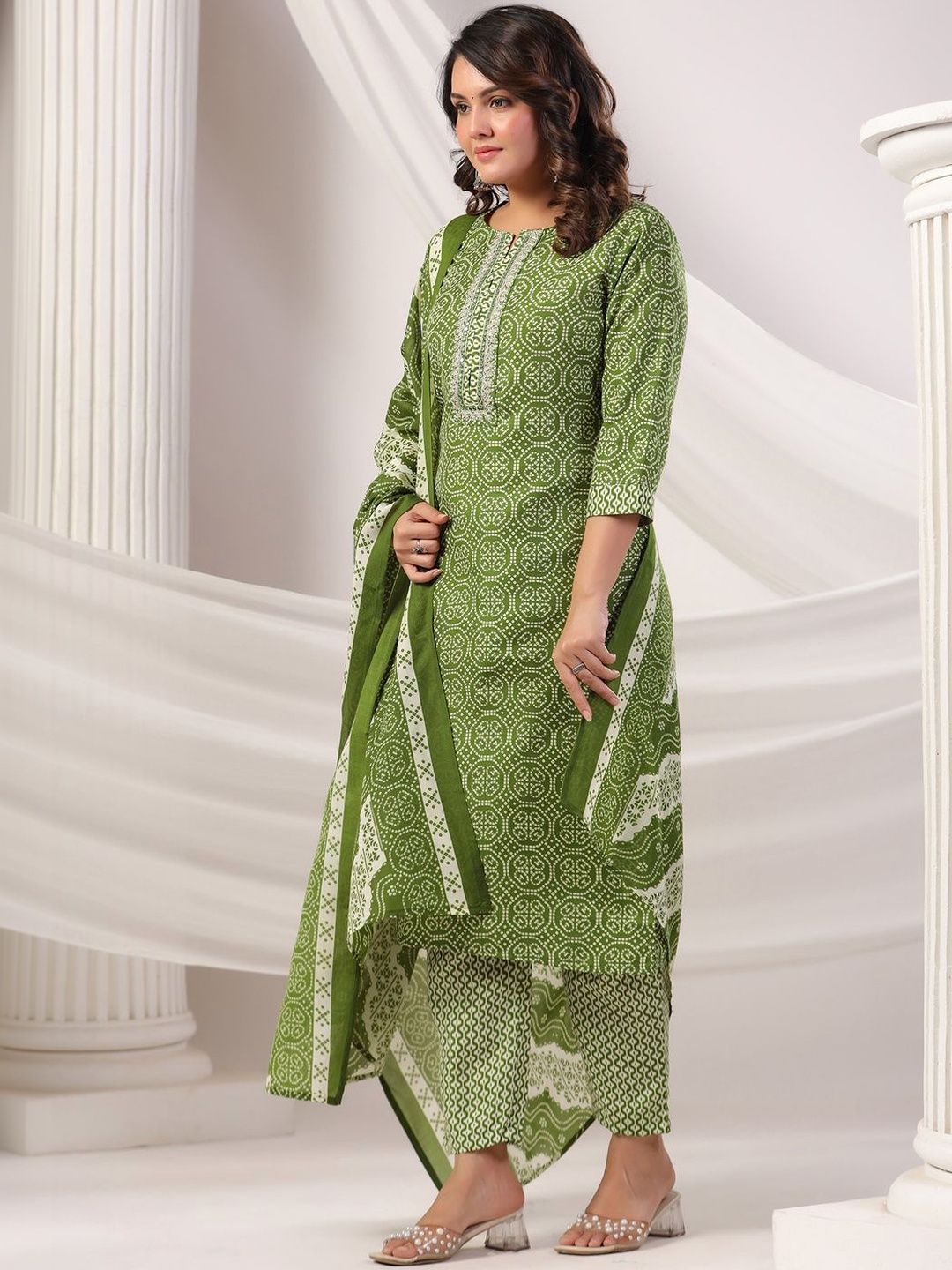 Women Ethnic Motifs Printed Regular Thread Work Pure Cotton Kurta with Trousers & With Dupatta