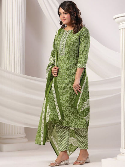Women Ethnic Motifs Printed Regular Thread Work Pure Cotton Kurta with Trousers & With Dupatta