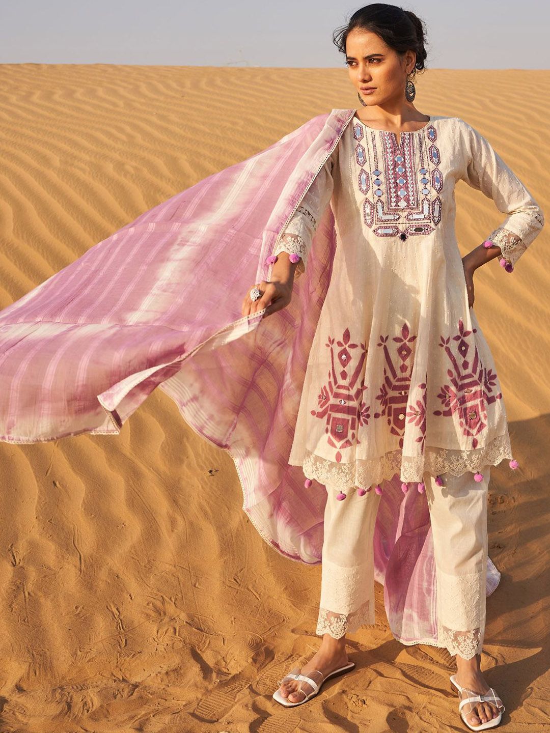 Geometric Printed Mirror Work A-Line Pure Cotton Kurta With Trousers & Dupatta