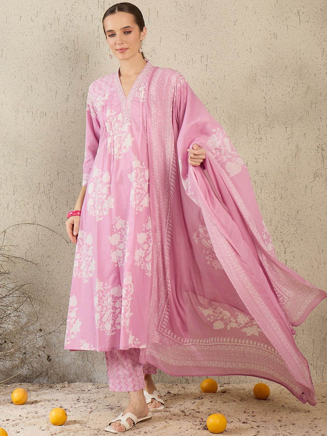 Women Floral Printed Pure Cotton A-Line Kurta with Trouser & Dupatta