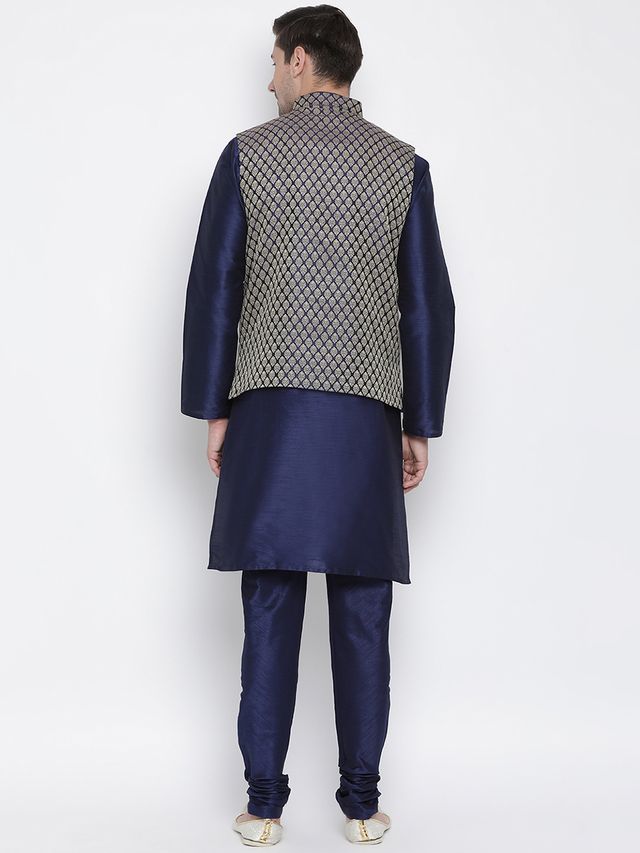 Men's Dark Blue Silk Blend Straight Jacket  Kurta and Pyjama Set