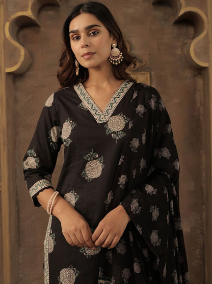 Women Floral Printed Sequinned Pure Cotton Kurta with Trousers & Dupatta