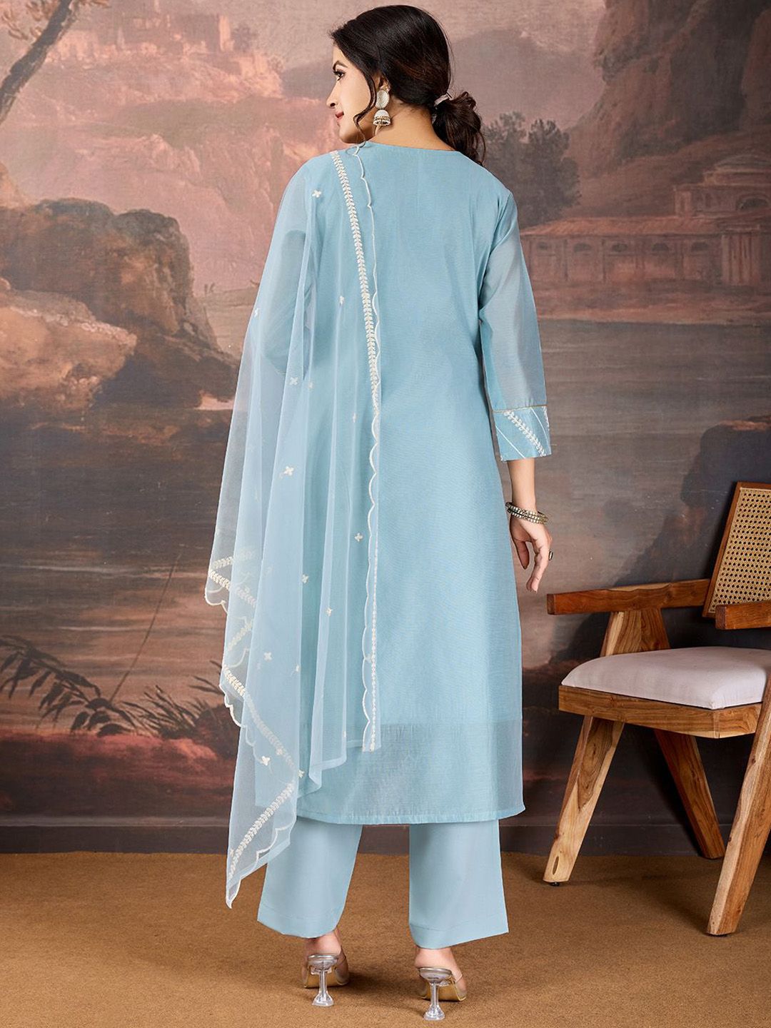 Dhiyona PD Women Sequined Embroidered Round Neck Straight Kurta & Trousers With Dupatta