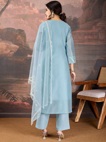 Dhiyona PD Women Sequined Embroidered Round Neck Straight Kurta & Trousers With Dupatta