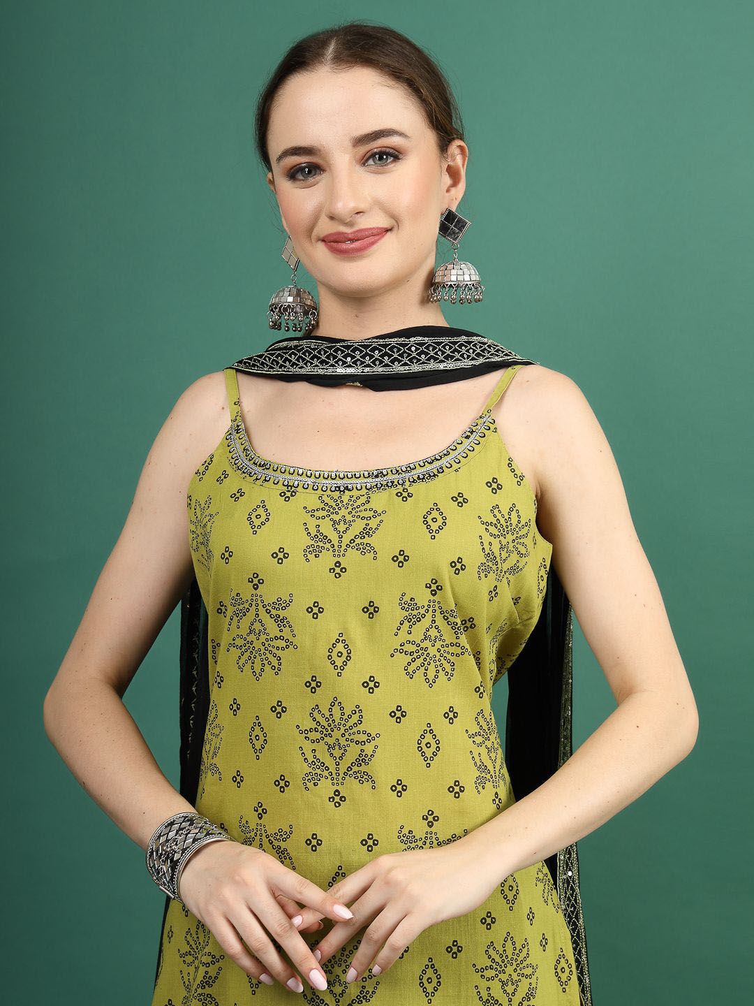 Dhiyona SN Women's Green Bandhani Embroidered Shoulder Straps Sequinned Kurta With Palazzo & Dupatta
