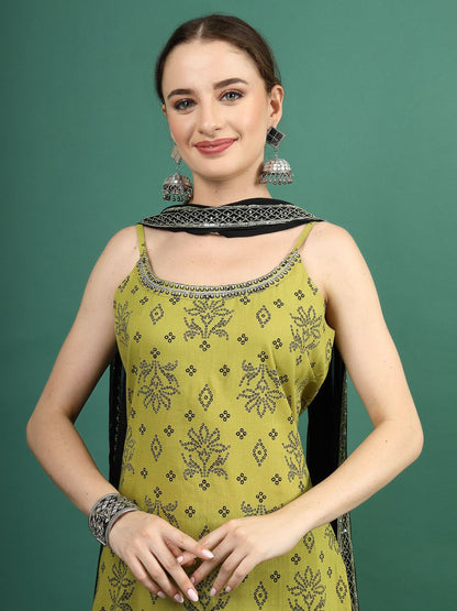 Dhiyona SN Women's Green Bandhani Embroidered Shoulder Straps Sequinned Kurta With Palazzo & Dupatta