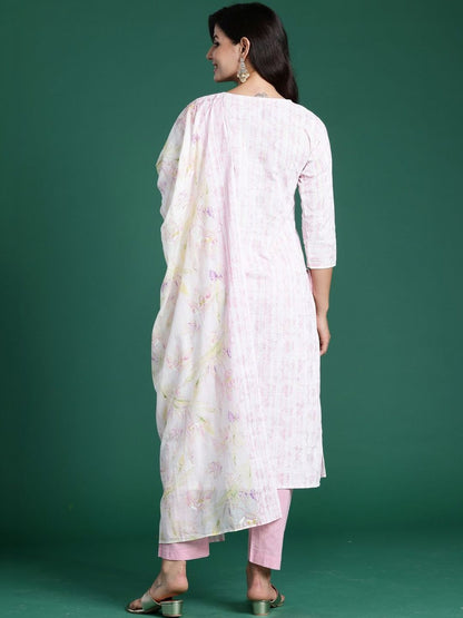 Women Floral Printed Regular Thread Work Pure Cotton Kurta with Trousers & With Dupatta