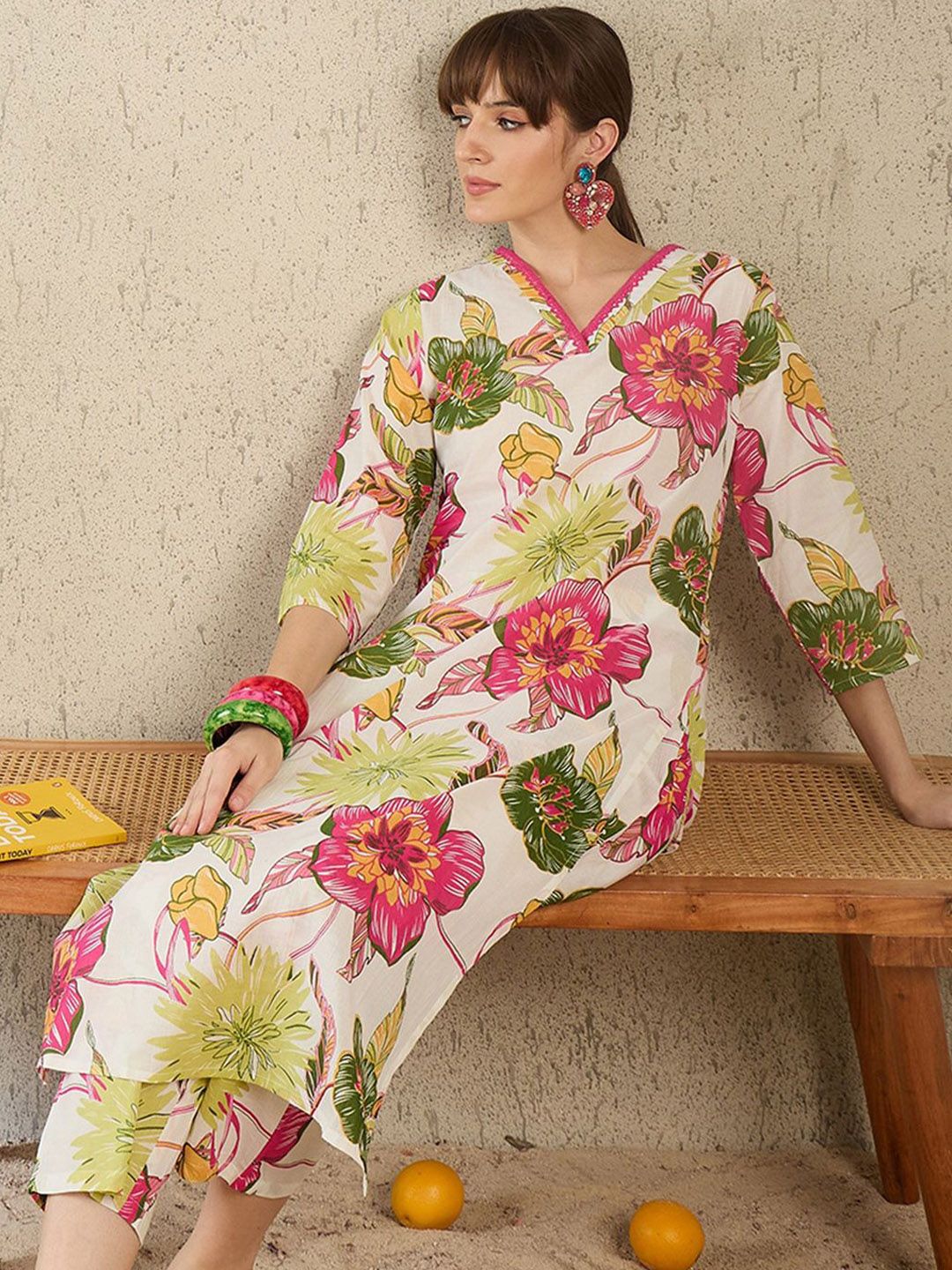 Dhiyona IE Women Printed V-Neck Cotton Top and Trousers Co-Ords