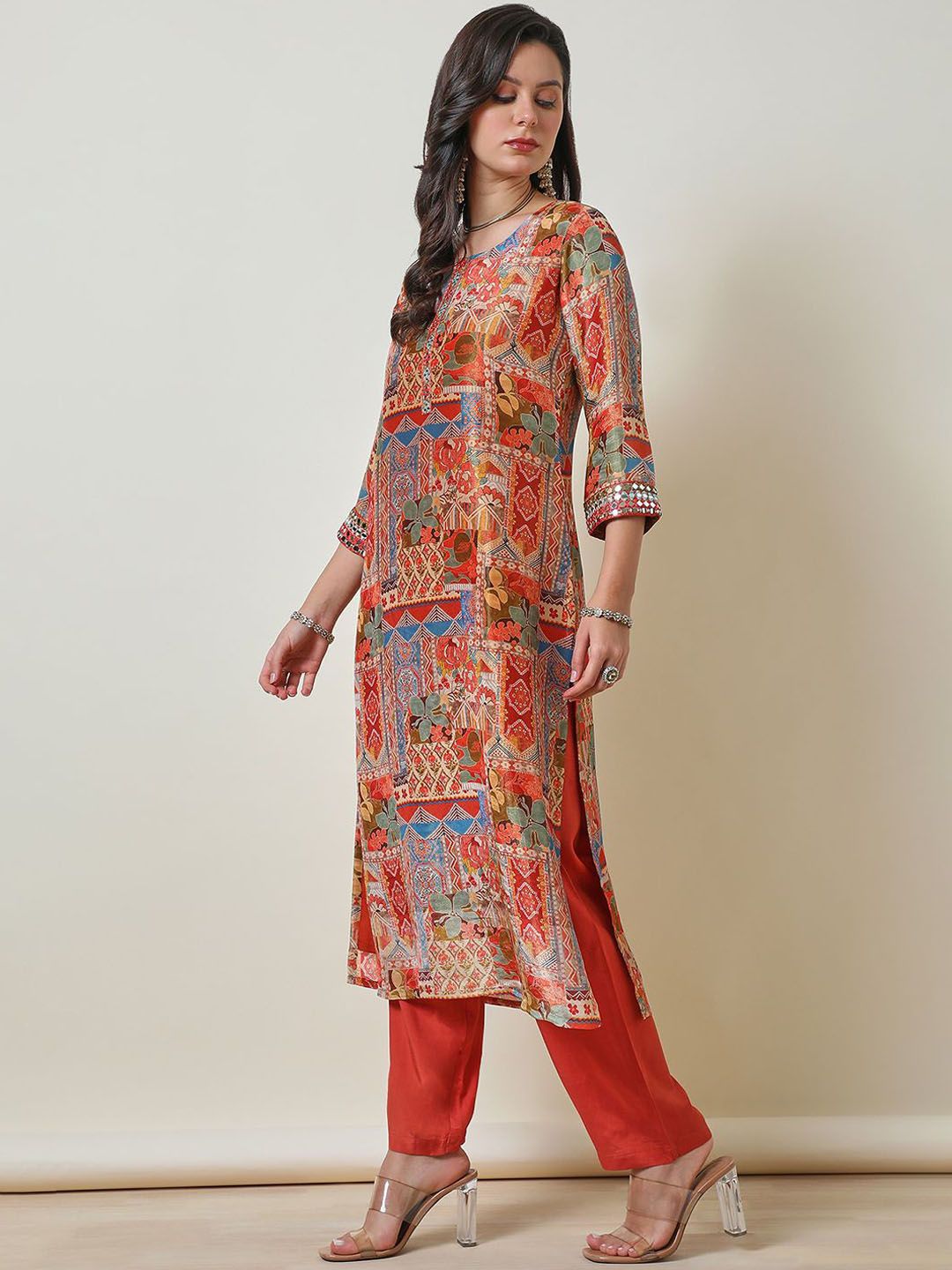 Dhiyona SO Women's Ethnic Motifs Printed Mirror Work Tissue Straight Kurta With Trouser